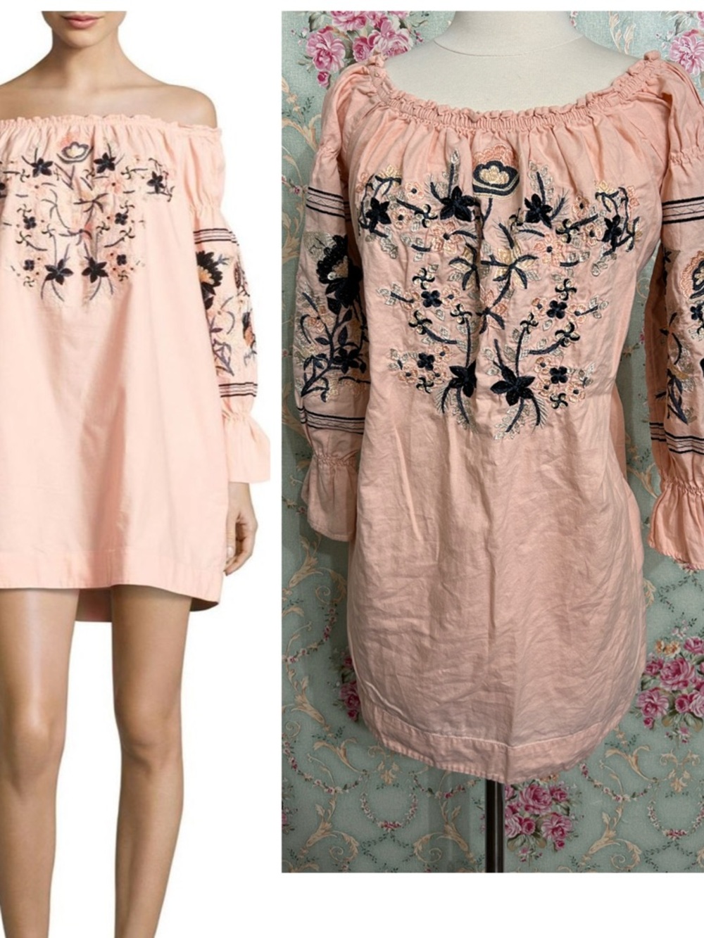 Free People On OR Off-shoulder tunic top OR mini dress 100% cotton pockets multi